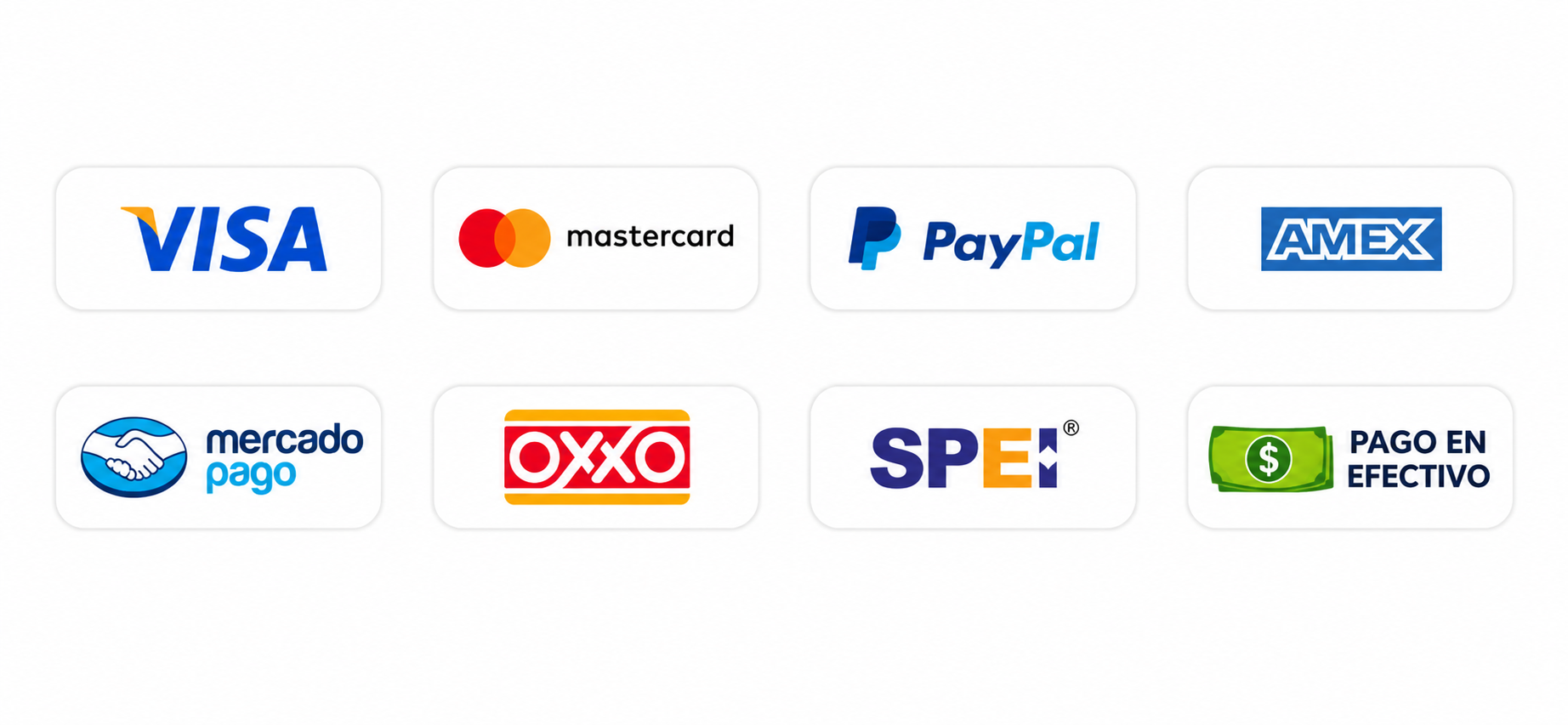 Métodos de pago aceptados: Visa, Mastercard, PayPal, Amex, Mercado Pago, OXXO, SPEI y Pago en Efectivo