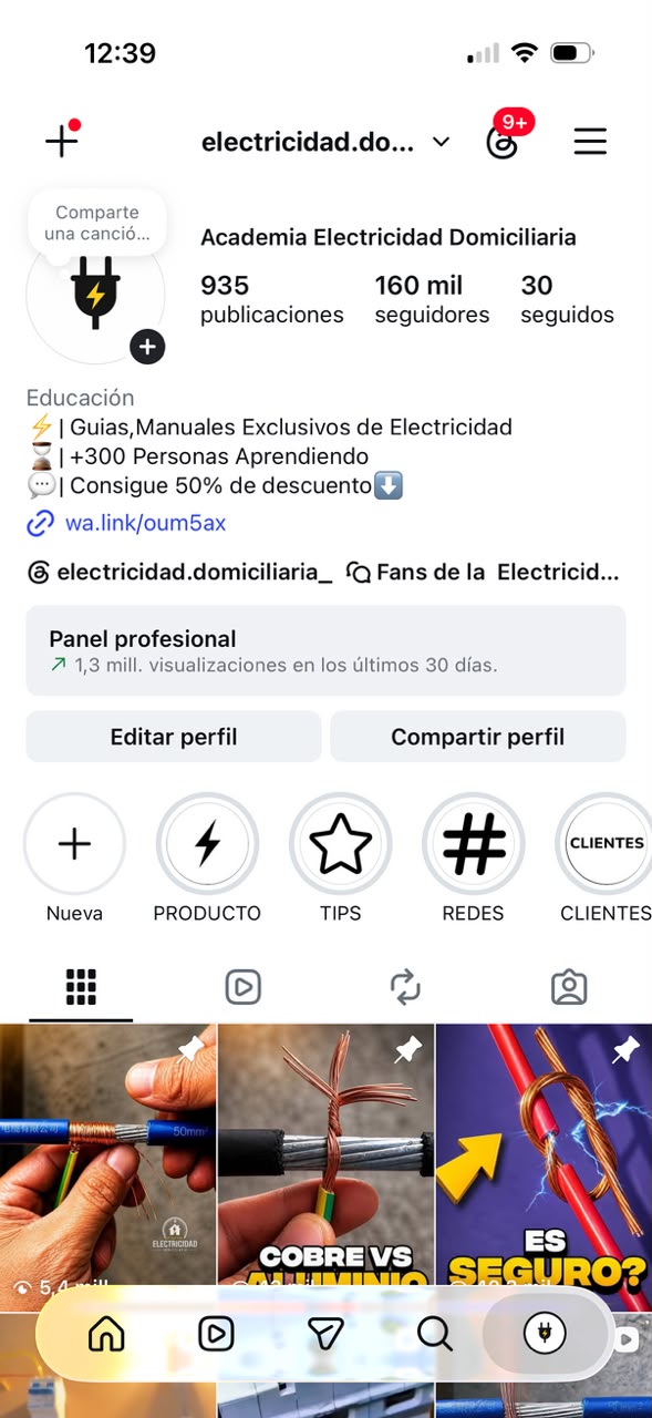 Perfil real de Instagram @electricidad.domiciliaria_ con 160 mil seguidores