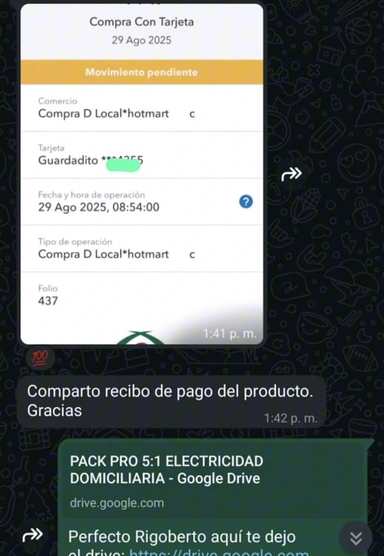 Recibo de compra con tarjeta del Pack Pro Aprende Electricidad